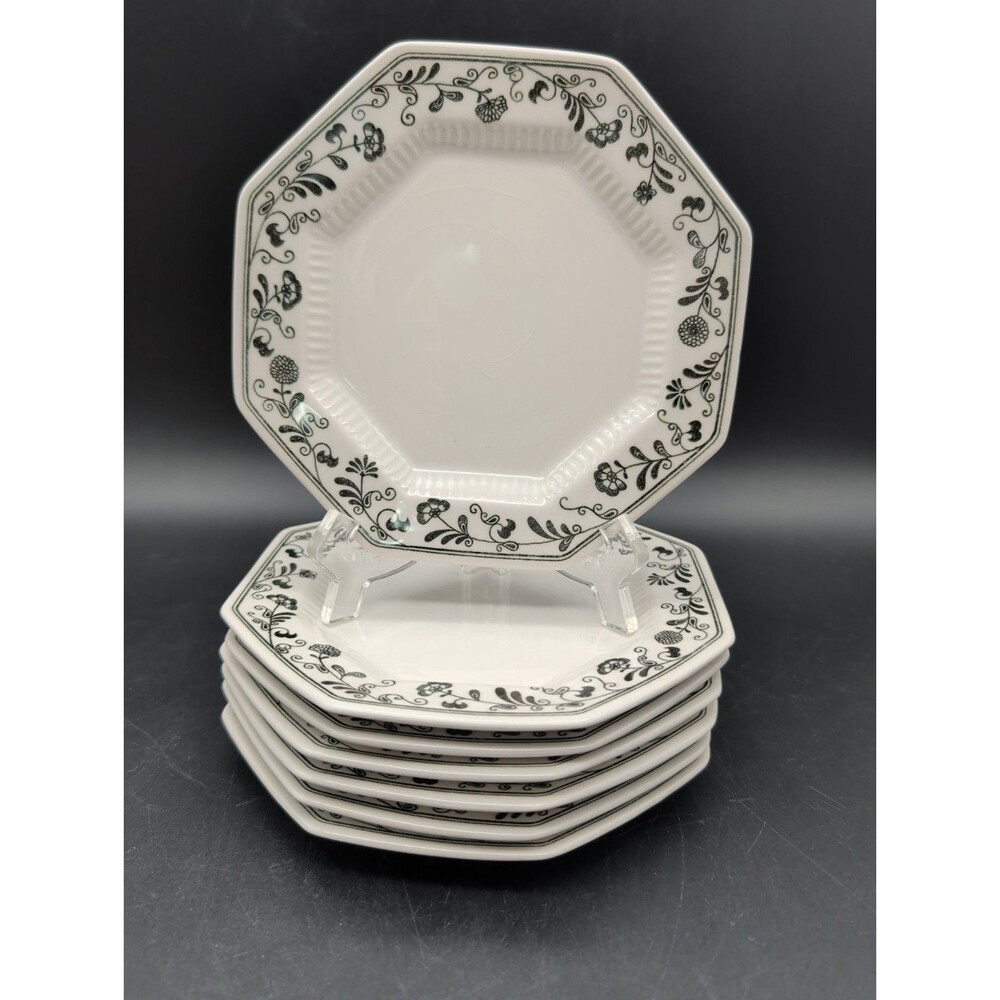 Vtg Independence Ironstone Millbrook Black Floral 6.5" Bread Plates Set of 7